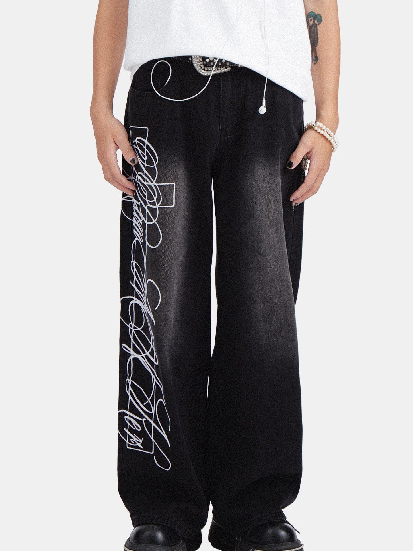 RebelSeed American Punk Washed Distressed Printed Women's Denim Wide-leg Jeans