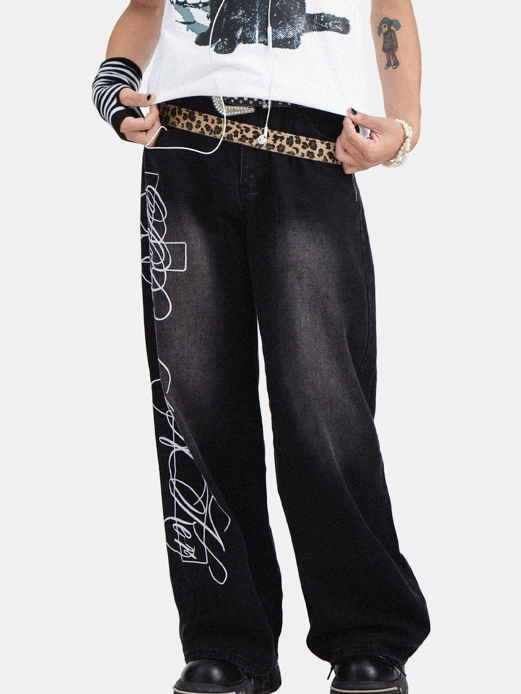 RebelSeed American Punk Washed Distressed Printed Women's Denim Wide-leg Jeans