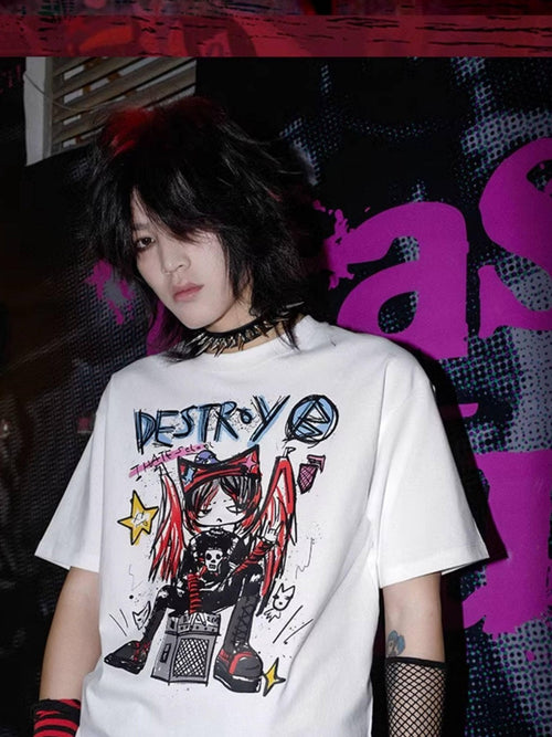 RebelSeed Angel Graffiti Punk Cartoon Print Women's Cotton Short Sleeve T-shirts