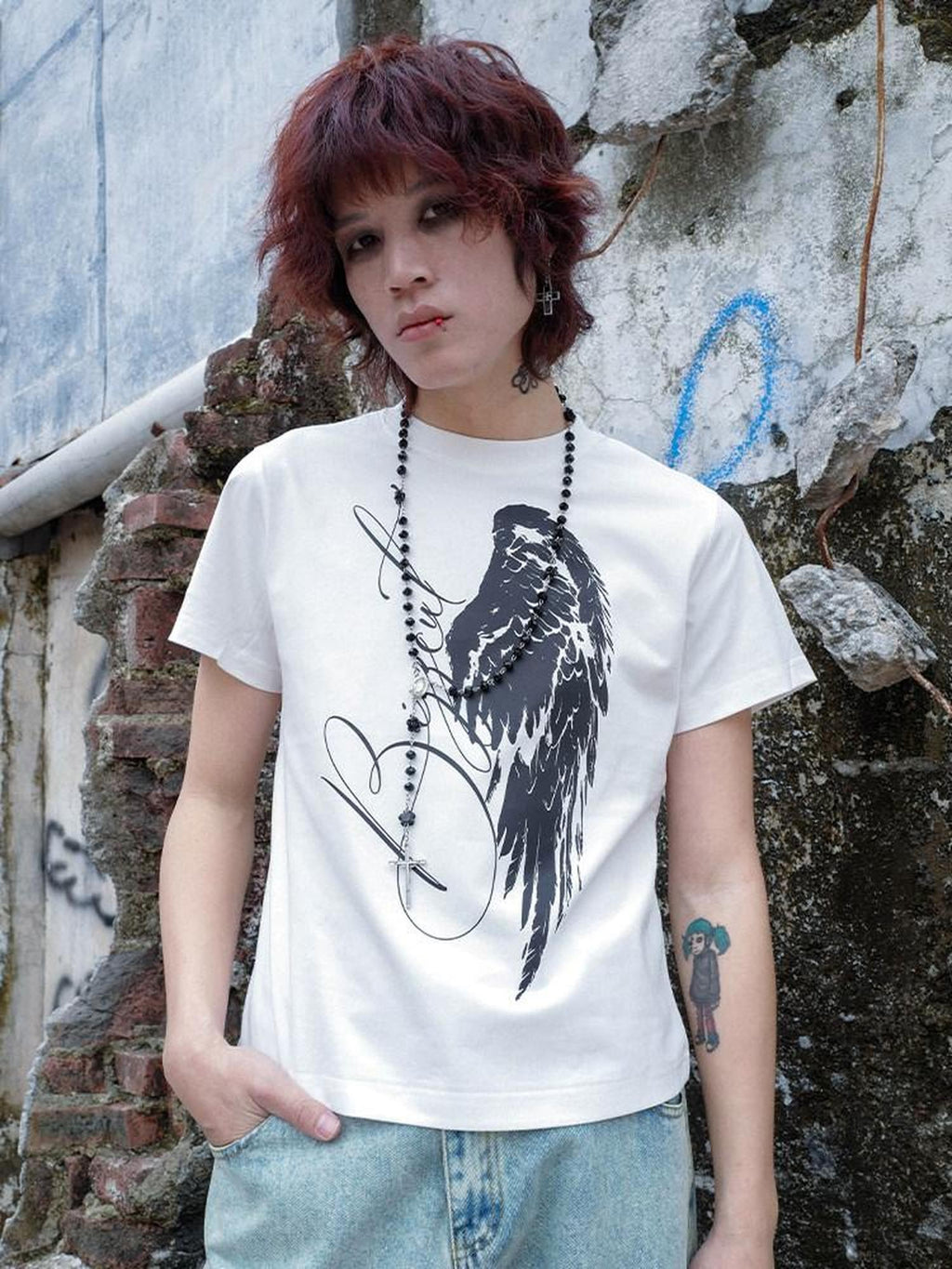RebelSeed Angel Wings Cross Hot Print Slim Gothic Women's Cotton Short Sleeve T-shirts