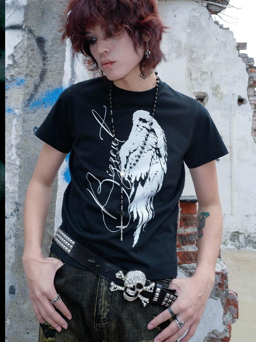 RebelSeed Angel Wings Cross Hot Print Slim Gothic Women's Cotton Short Sleeve T-shirts