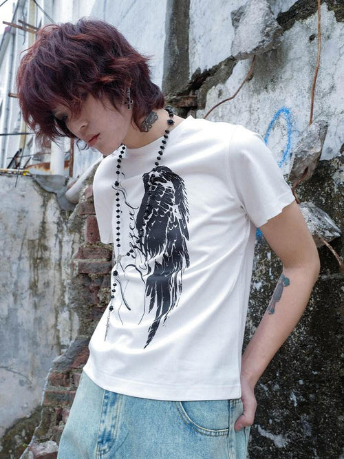 RebelSeed Angel Wings Cross Hot Print Slim Gothic Women's Cotton Short Sleeve T-shirts