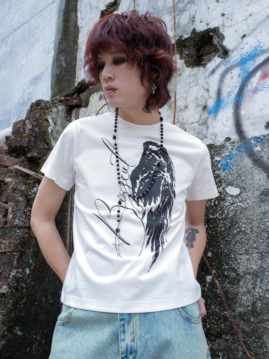 RebelSeed Angel Wings Cross Hot Print Slim Gothic Women's Cotton Short Sleeve T-shirts