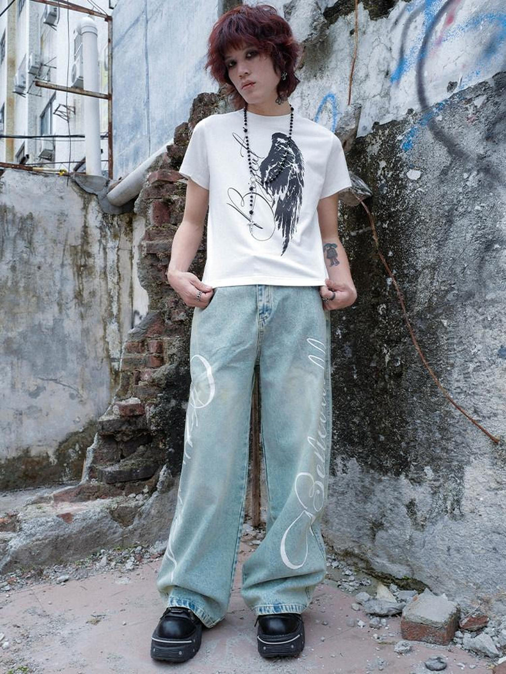 RebelSeed Angel Wings Cross Hot Print Slim Gothic Women's Cotton Short Sleeve T-shirts