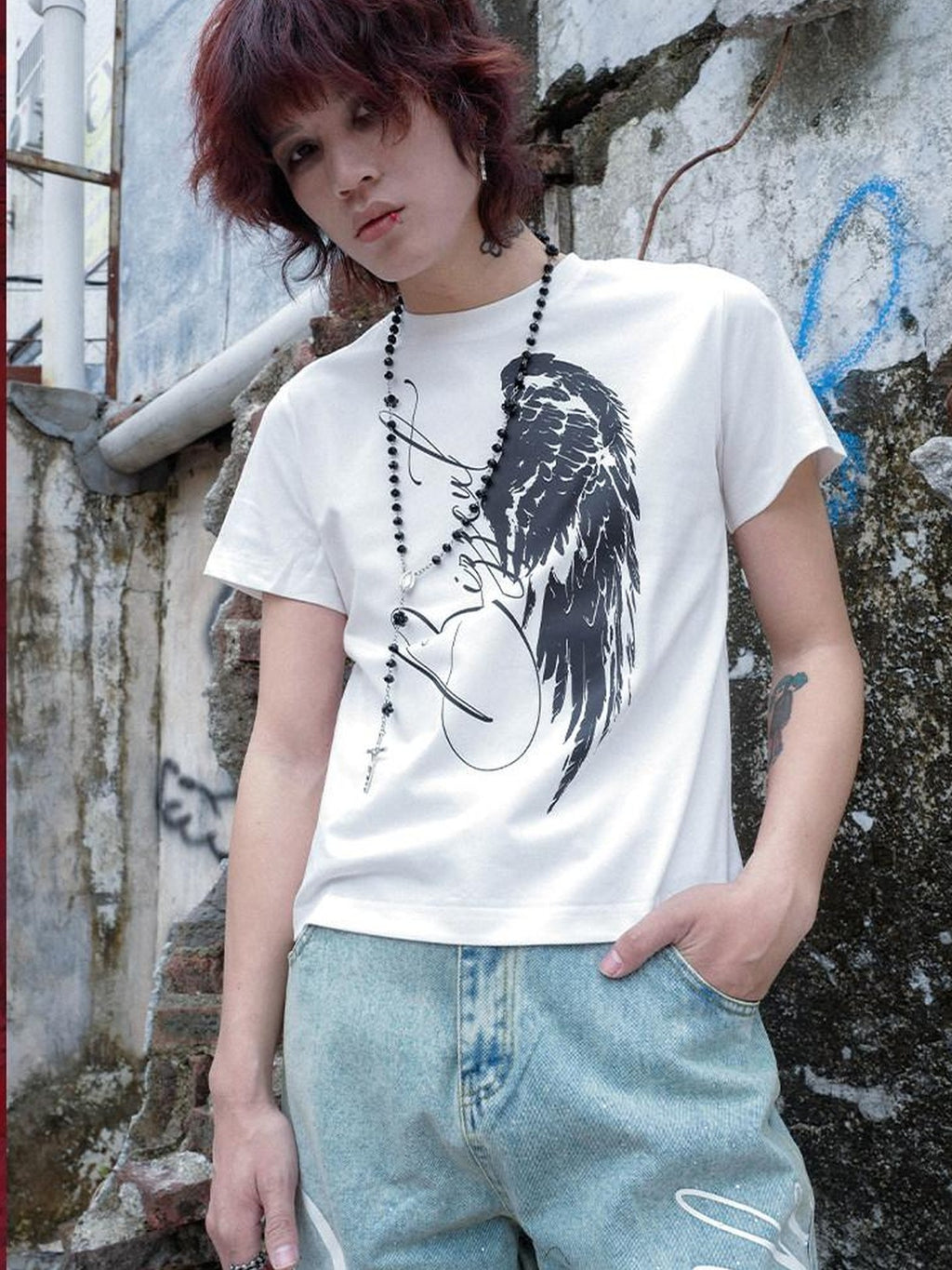 RebelSeed Angel Wings Cross Hot Print Slim Gothic Women's Cotton Short Sleeve T-shirts