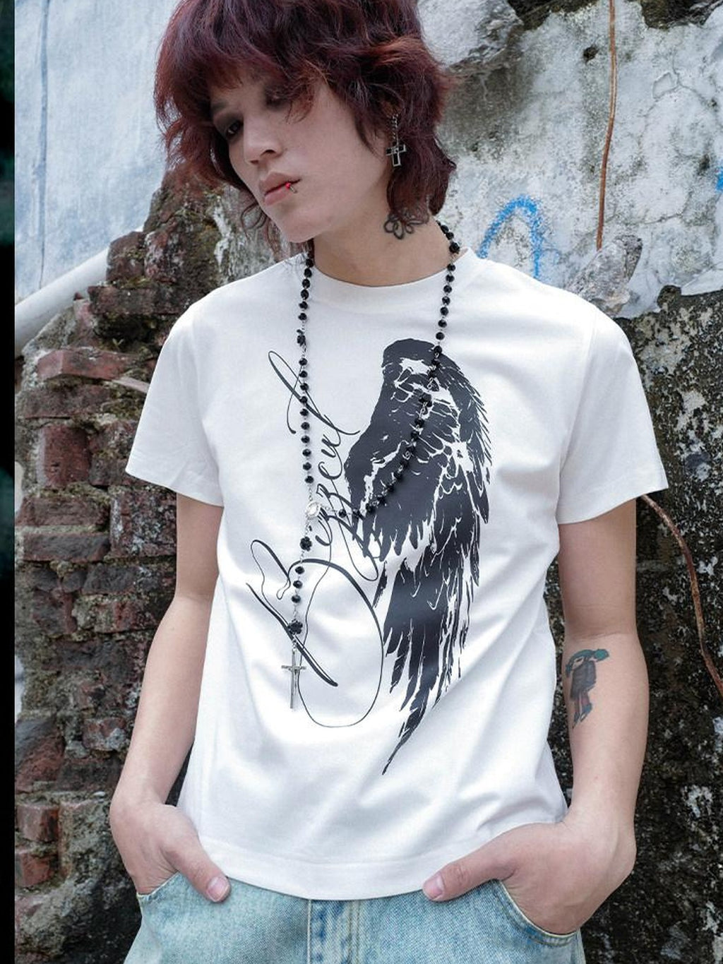 RebelSeed Angel Wings Cross Hot Print Slim Gothic Women's Cotton Short Sleeve T-shirts