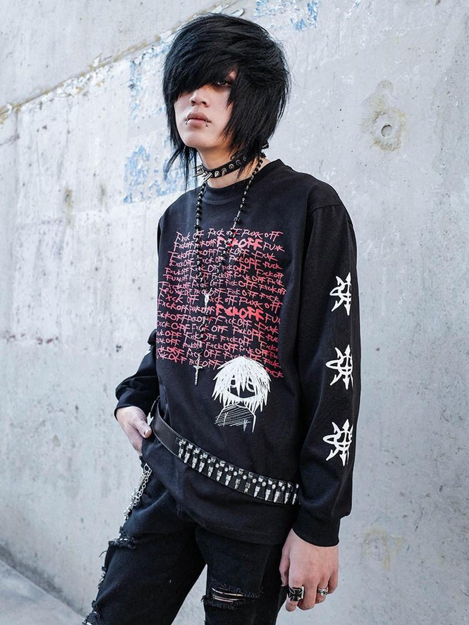 RebelSeed Anime Handdrawn Metal Heat Transfer Print Women's Cotton Long Sleeve T-shirts