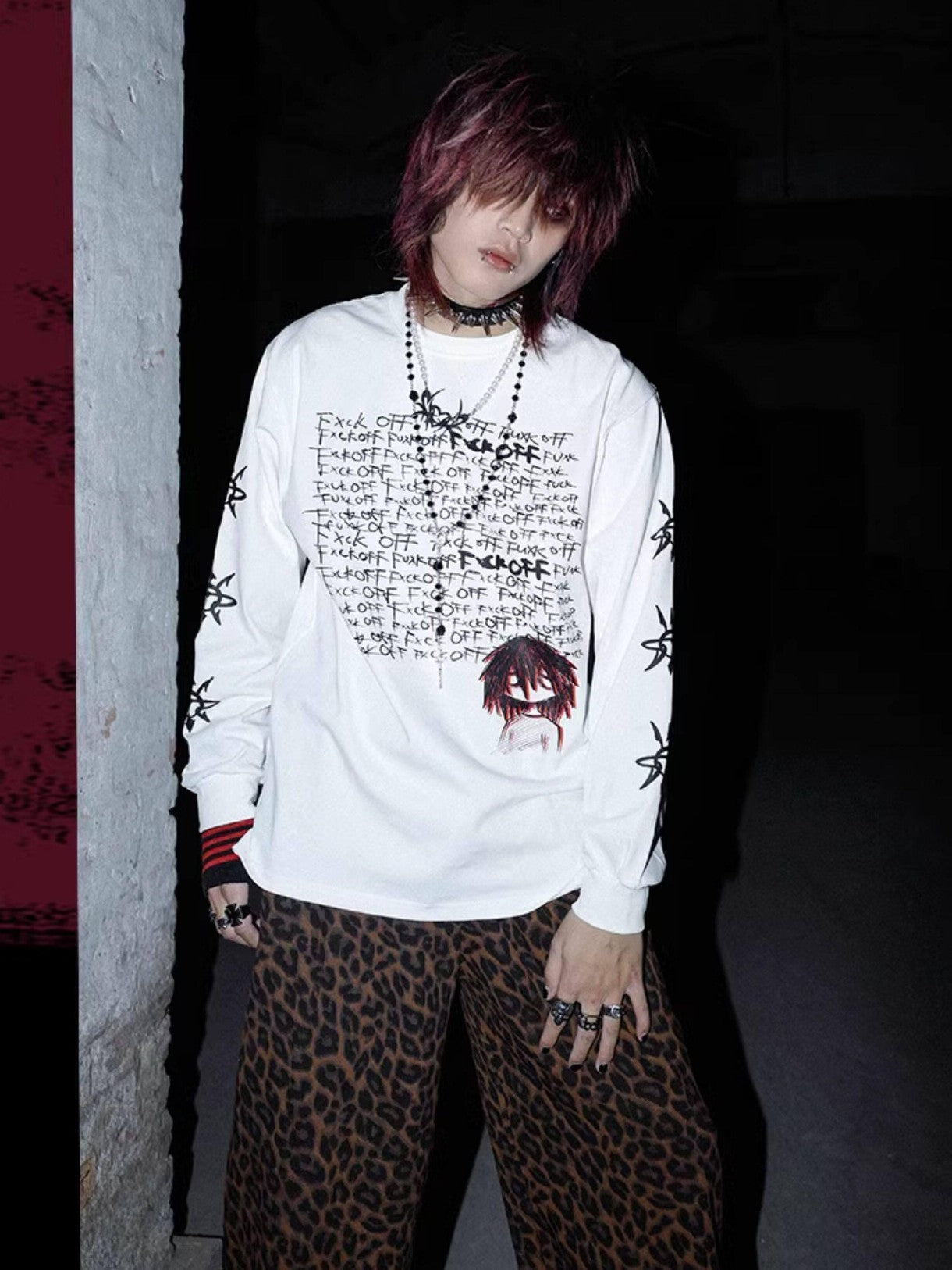 RebelSeed Anime Handdrawn Metal Heat Transfer Print Women's Cotton Long Sleeve T-shirts