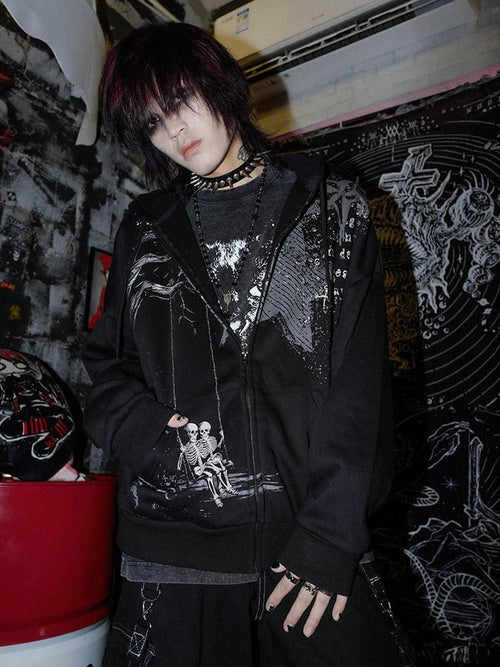 RebelSeed Black Angel Wing Graphic Rock Subculture Women's Cotton Zip-up Hoodies