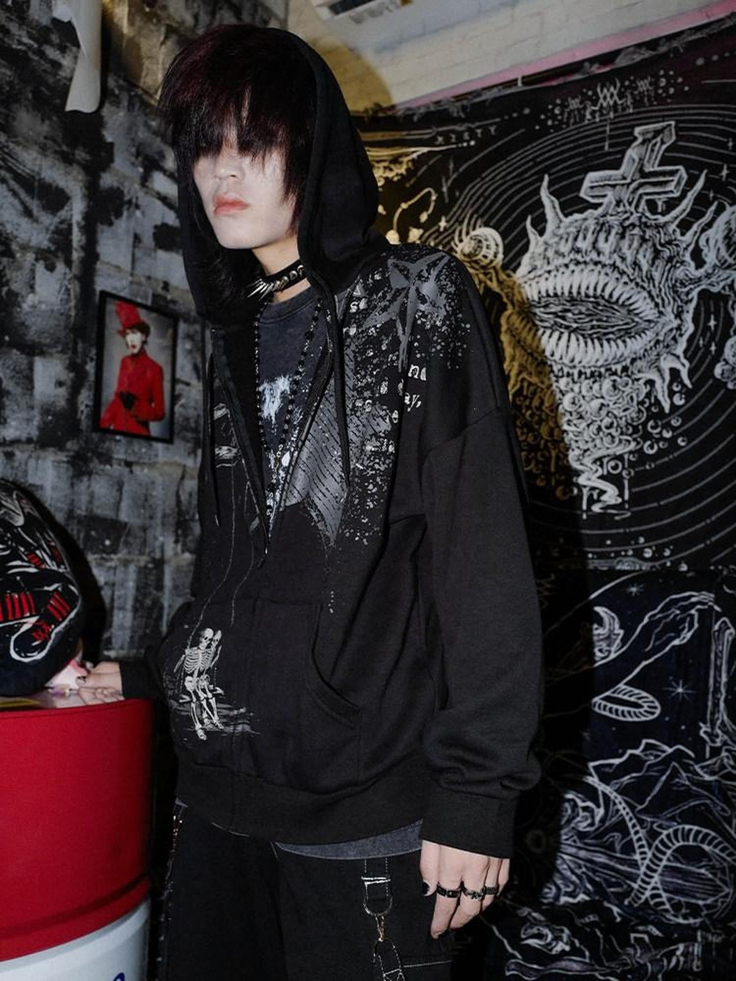 RebelSeed Black Angel Wing Graphic Rock Subculture Women's Cotton Zip-up Hoodies