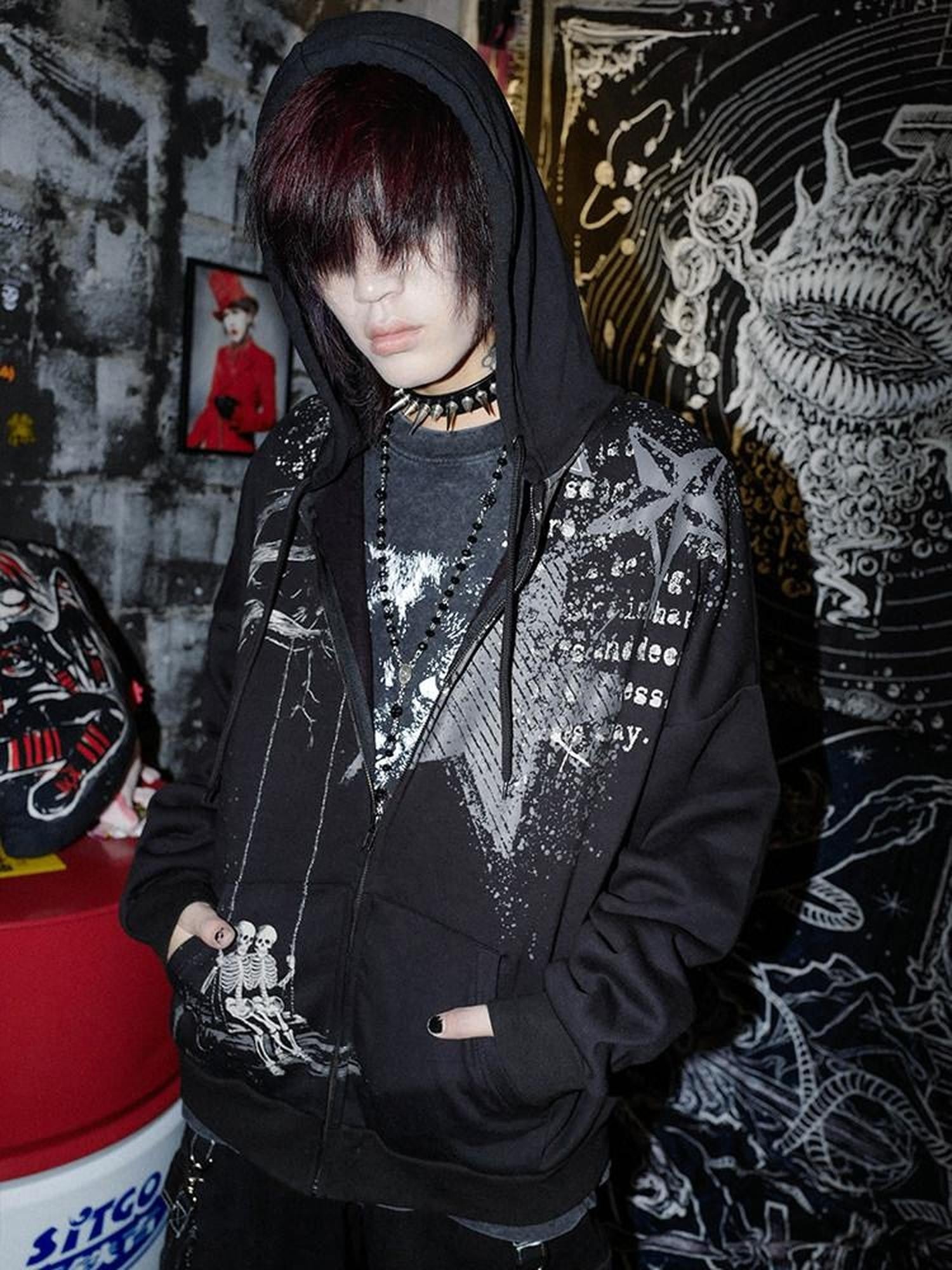 RebelSeed Black Angel Wing Graphic Rock Subculture Women's Cotton Zip-up Hoodies