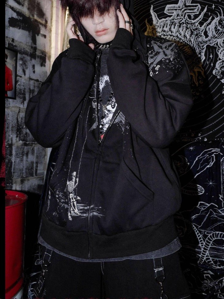 RebelSeed Black Angel Wing Graphic Rock Subculture Women's Cotton Zip-up Hoodies