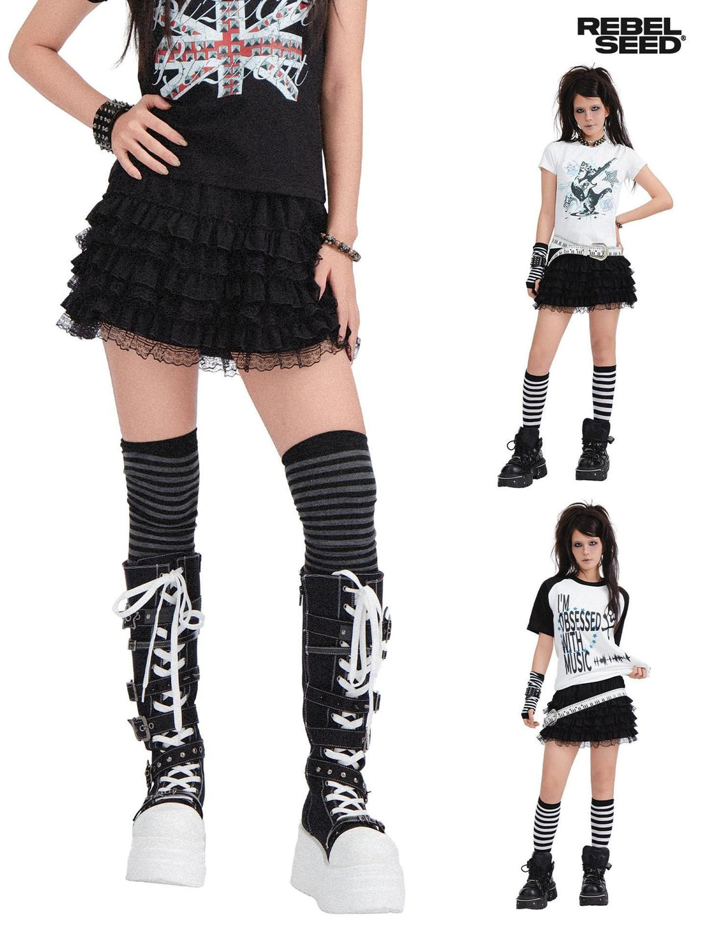 RebelSeed Black Asymmetric Patchwork Ruffle Hem High Waist Women's Polyester Mini Skirts