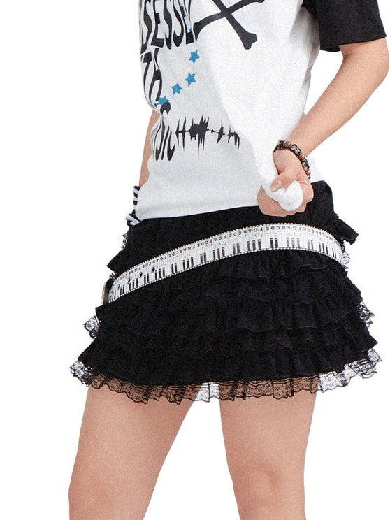 RebelSeed Black Asymmetric Patchwork Ruffle Hem High Waist Women's Polyester Mini Skirts