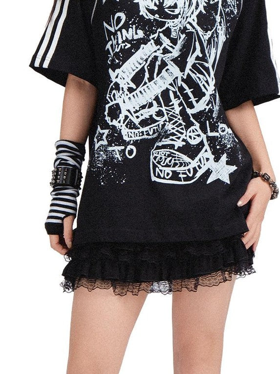 RebelSeed Black Asymmetric Patchwork Ruffle Hem High Waist Women's Polyester Mini Skirts