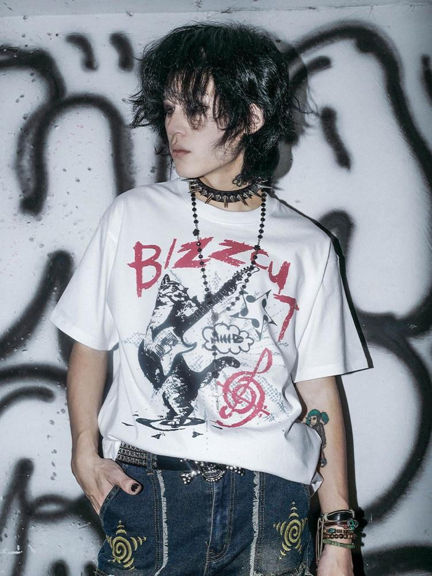 RebelSeed Black Cat Rock Lettered Heat Transfer Women's Cotton Short Sleeve T-shirts