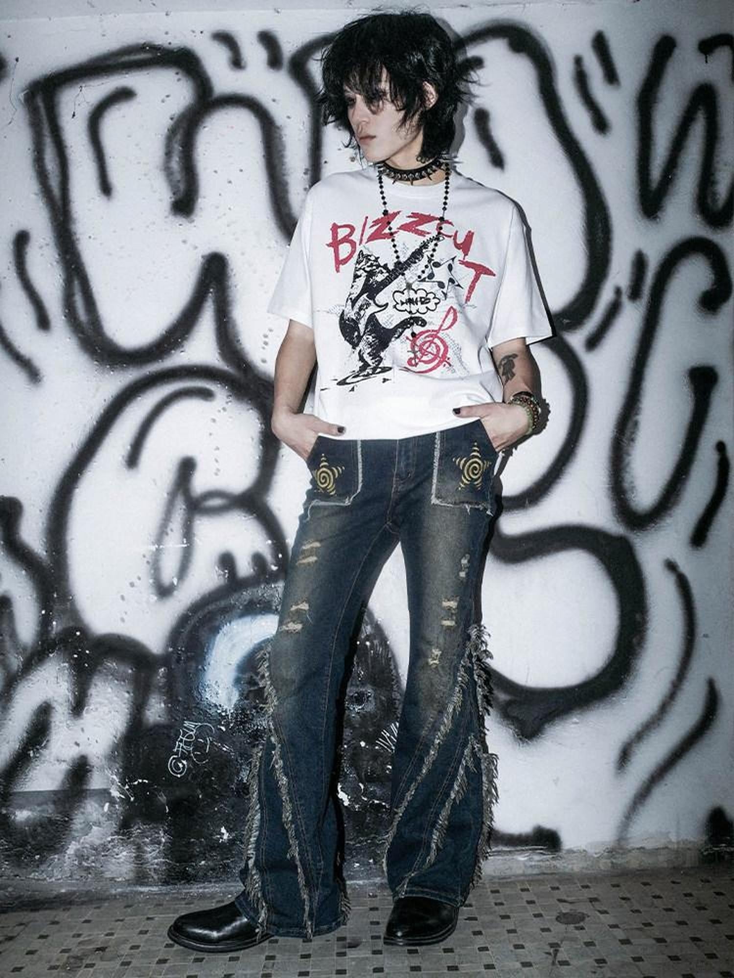 RebelSeed Black Cat Rock Lettered Heat Transfer Women's Cotton Short Sleeve T-shirts
