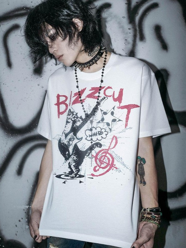 RebelSeed Black Cat Rock Lettered Heat Transfer Women's Cotton Short Sleeve T-shirts