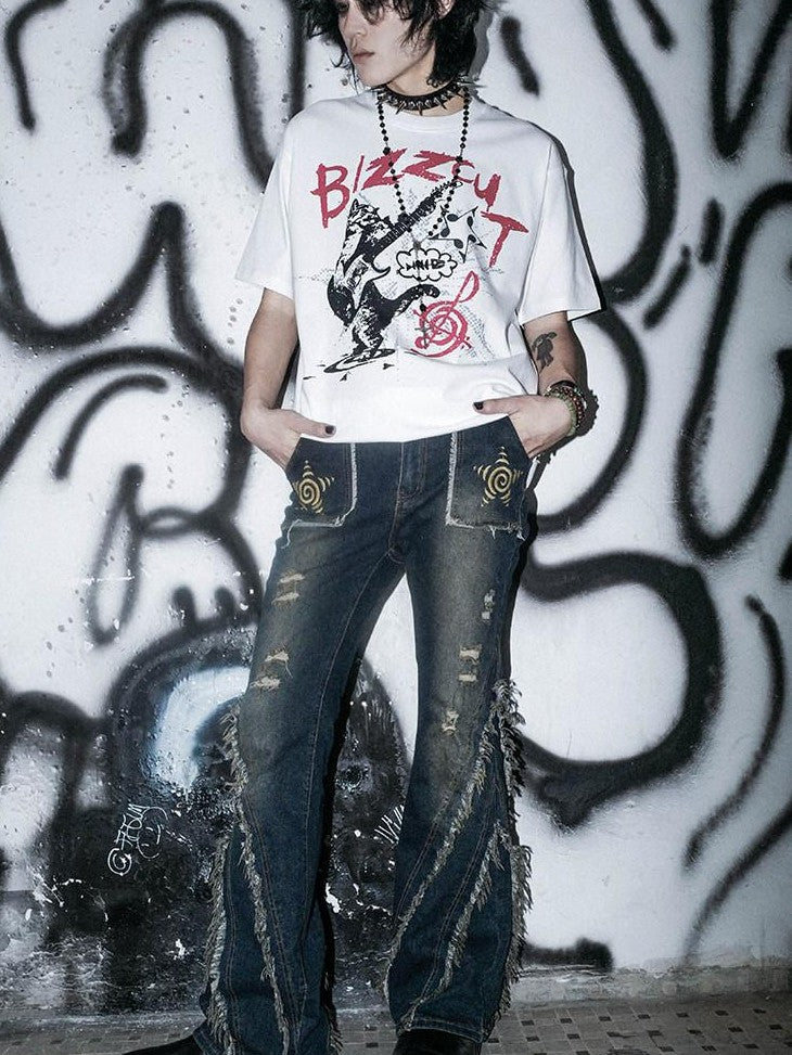 RebelSeed Black Cat Rock Lettered Heat Transfer Women's Cotton Short Sleeve T-shirts