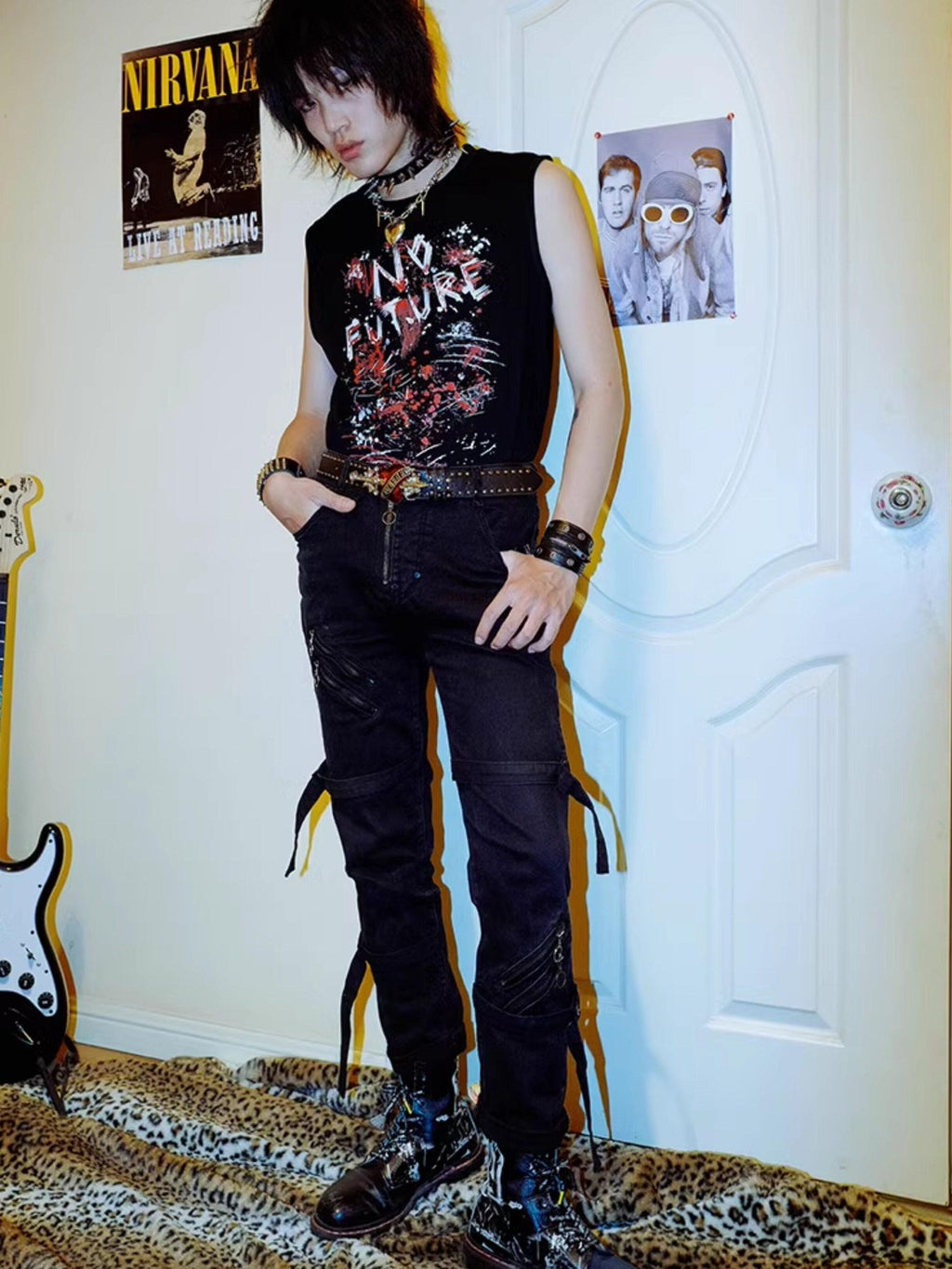 RebelSeed Black Distressed Punk Heat Transfer Character Women's Cotton Tank Tops