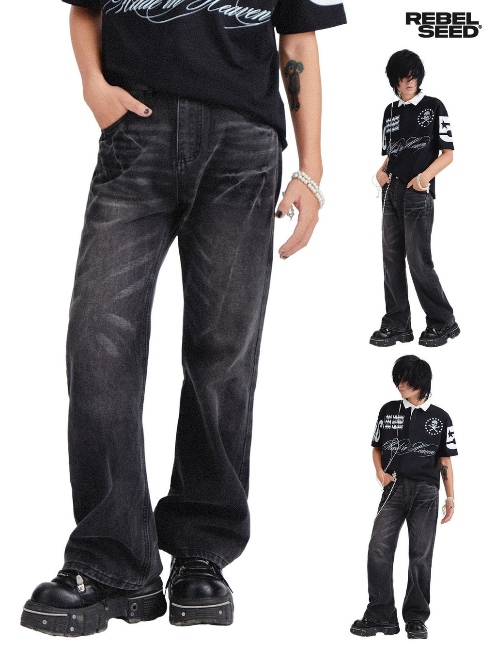 RebelSeed Black Distressed Snowwash Punk Y2k Women's Cotton Denim Straight-leg Jeans