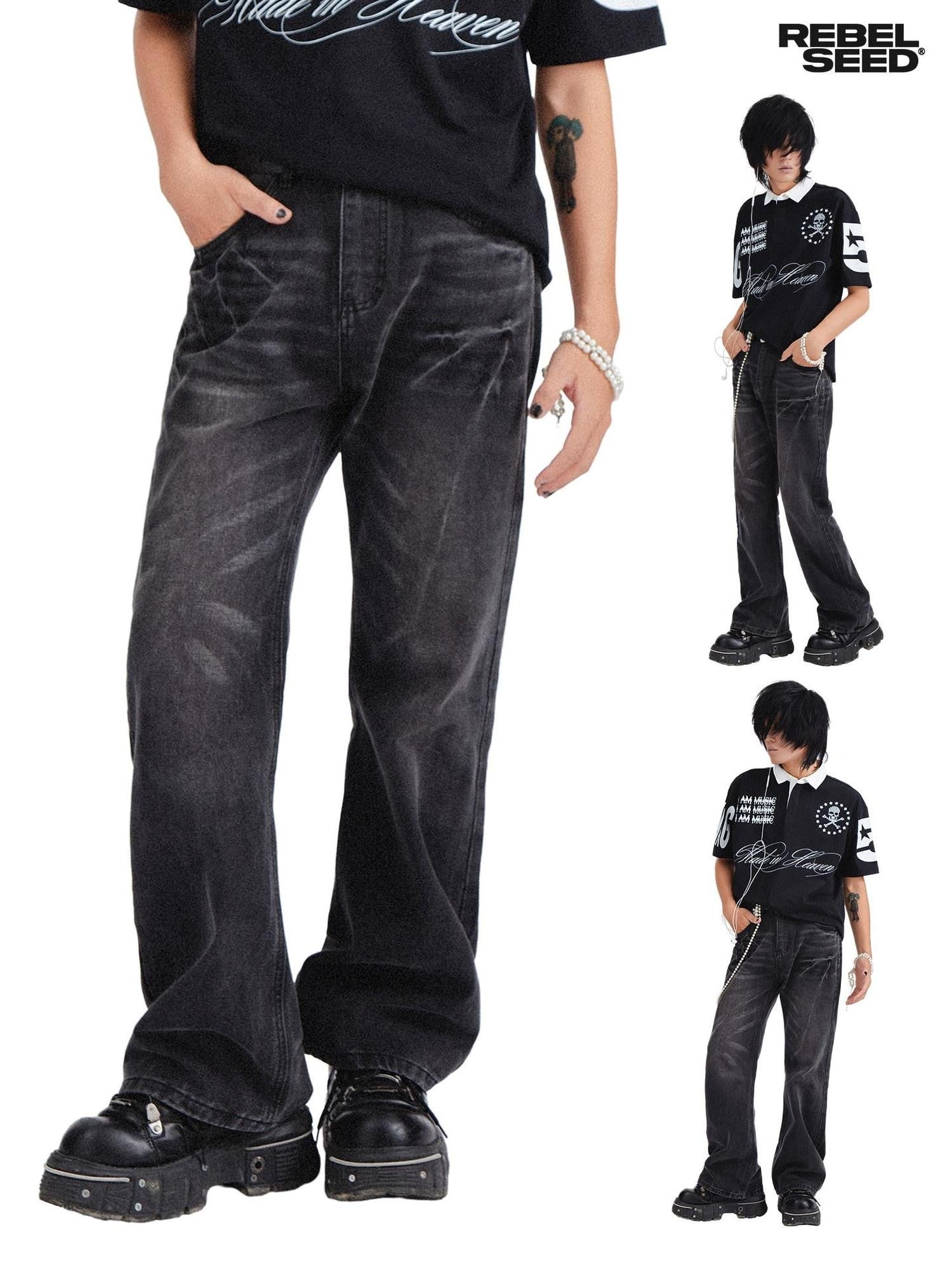 RebelSeed Black Distressed Snowwash Punk Y2k Women's Cotton Denim Straight-leg Jeans