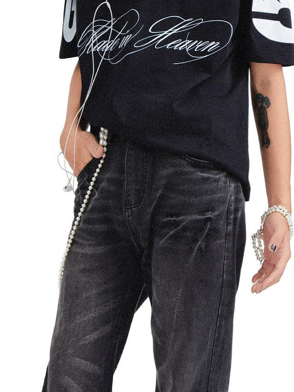 RebelSeed Black Distressed Snowwash Punk Y2k Women's Cotton Denim Straight-leg Jeans