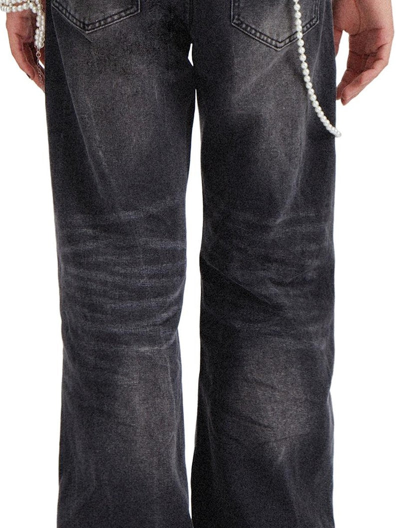 RebelSeed Black Distressed Snowwash Punk Y2k Women's Cotton Denim Straight-leg Jeans