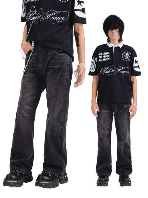 RebelSeed Black Distressed Snowwash Punk Y2k Women's Cotton Denim Straight-leg Jeans