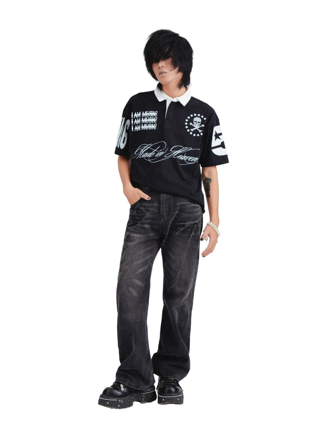 RebelSeed Black Distressed Snowwash Punk Y2k Women's Cotton Denim Straight-leg Jeans
