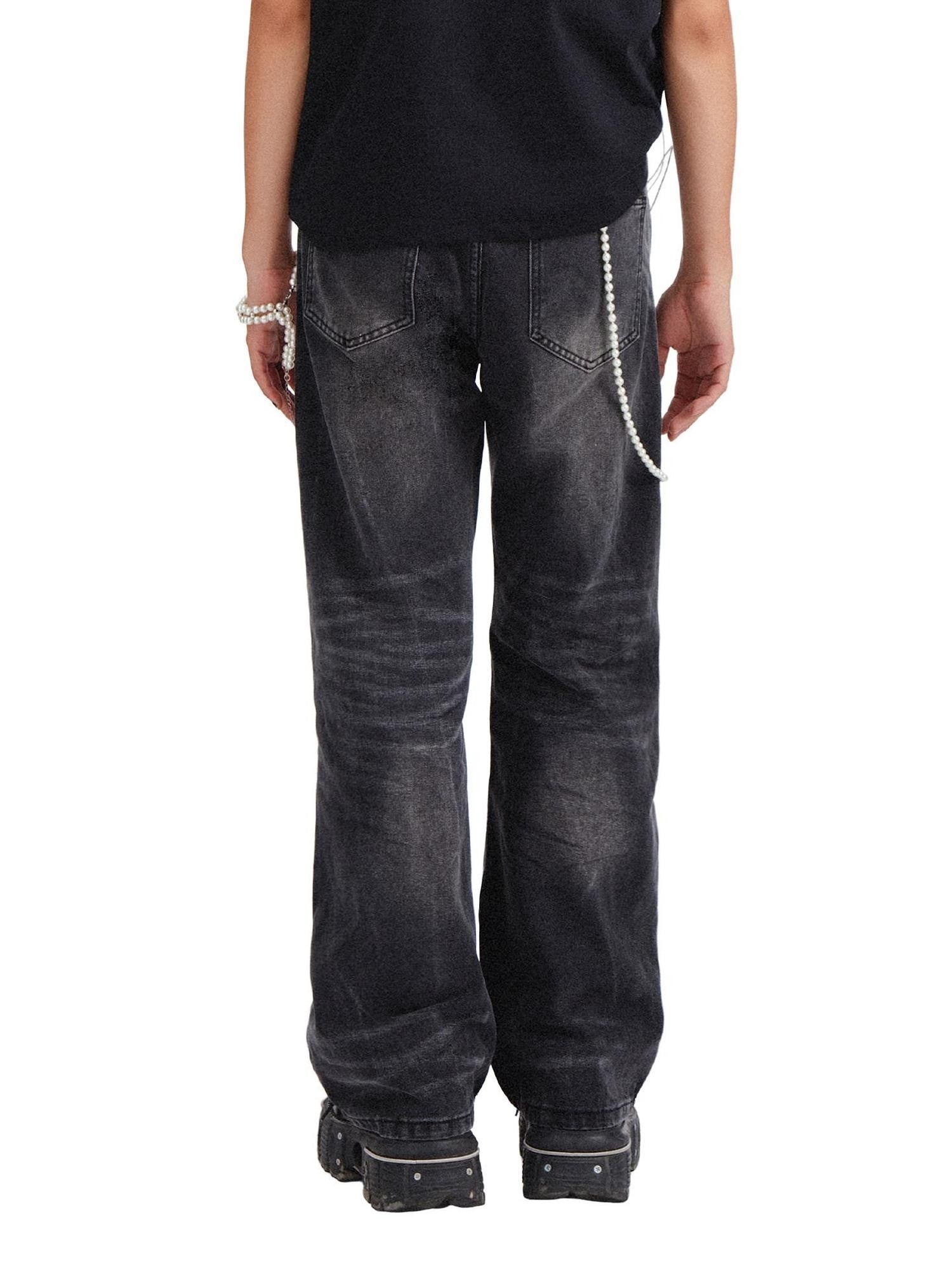 RebelSeed Black Distressed Snowwash Punk Y2k Women's Cotton Denim Straight-leg Jeans