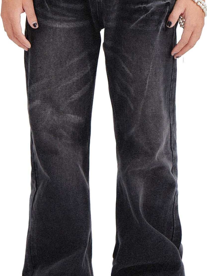 RebelSeed Black Distressed Snowwash Punk Y2k Women's Cotton Denim Straight-leg Jeans