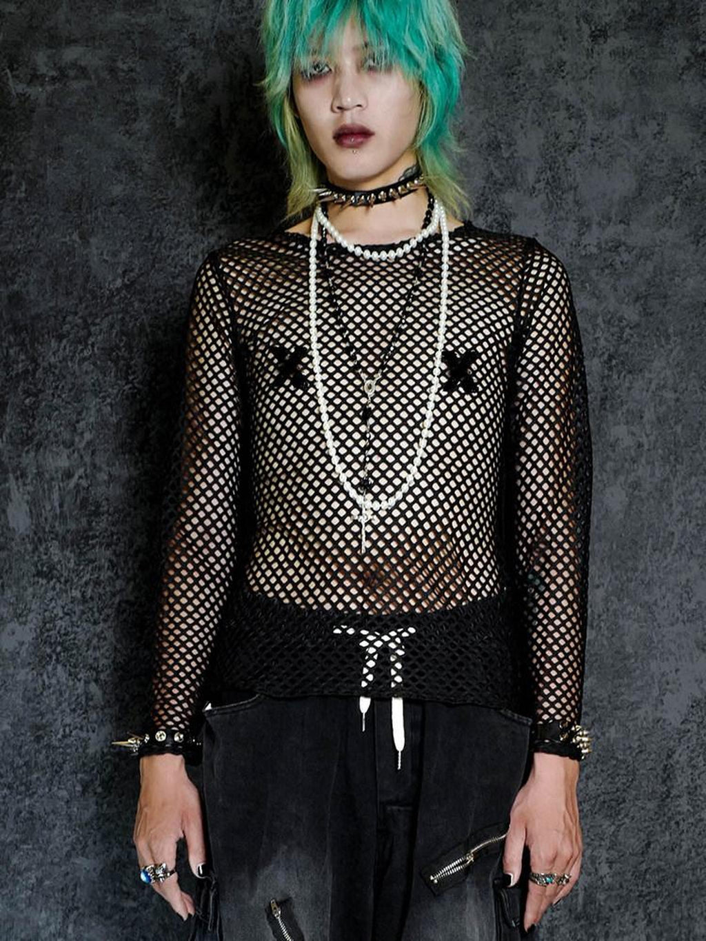 RebelSeed Black Fishnet Punk Print Women's Polyester Long Sleeve T-shirts