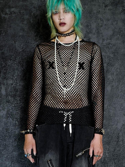 RebelSeed Black Fishnet Punk Print Women's Polyester Long Sleeve T-shirts