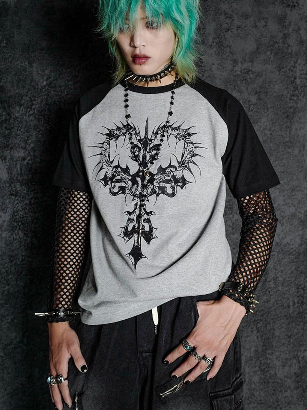 RebelSeed Black Fishnet Punk Print Women's Polyester Long Sleeve T-shirts