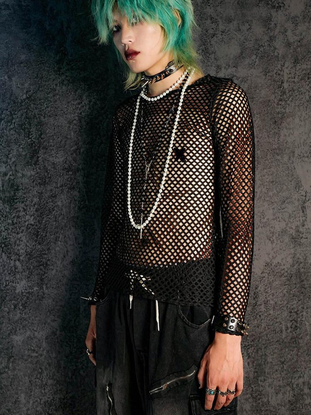 RebelSeed Black Fishnet Punk Print Women's Polyester Long Sleeve T-shirts
