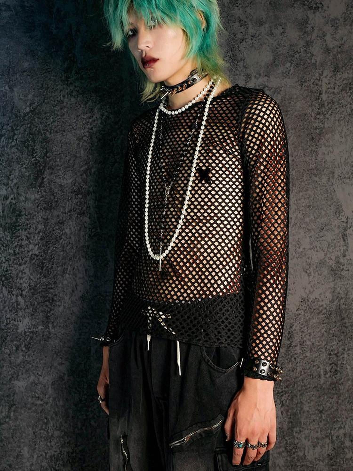 RebelSeed Black Fishnet Punk Print Women's Polyester Long Sleeve T-shirts