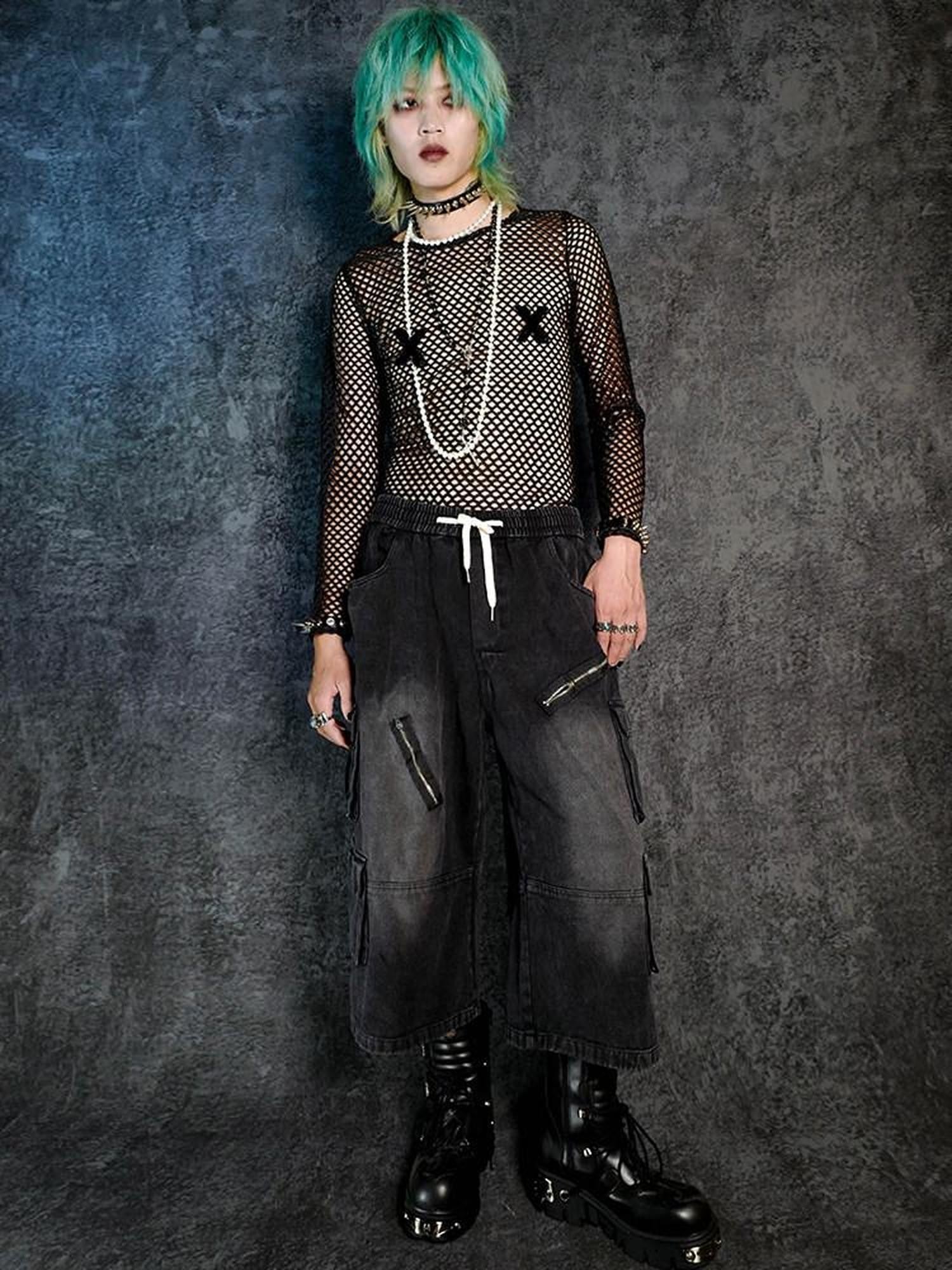 RebelSeed Black Fishnet Punk Print Women's Polyester Long Sleeve T-shirts