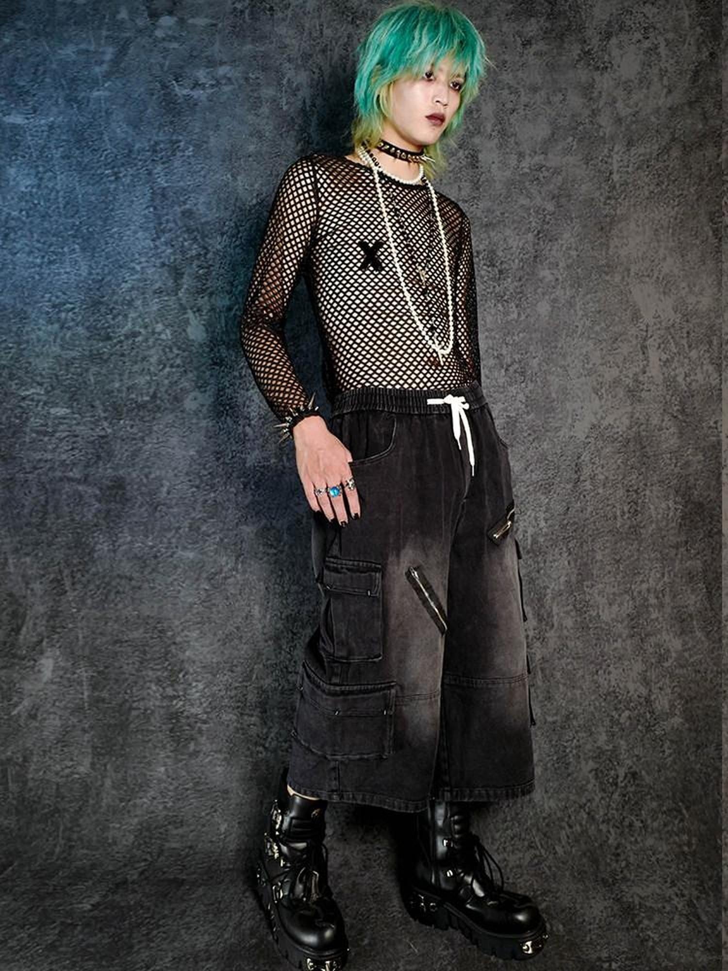RebelSeed Black Fishnet Punk Print Women's Polyester Long Sleeve T-shirts