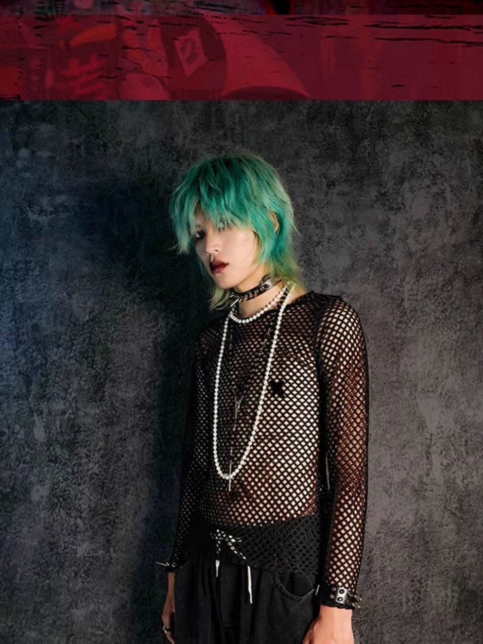 RebelSeed Black Fishnet Punk Print Women's Polyester Long Sleeve T-shirts