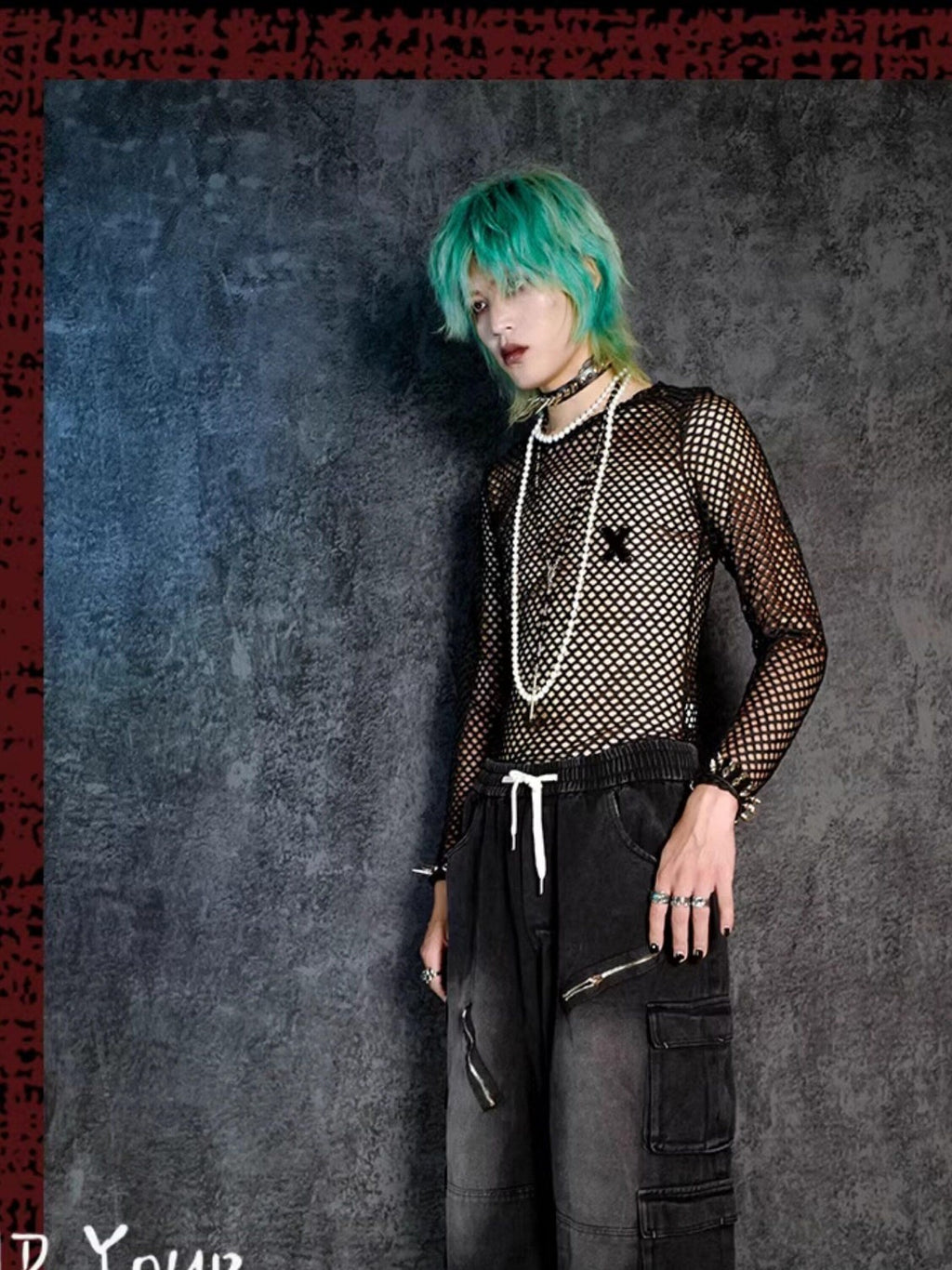 RebelSeed Black Fishnet Punk Print Women's Polyester Long Sleeve T-shirts