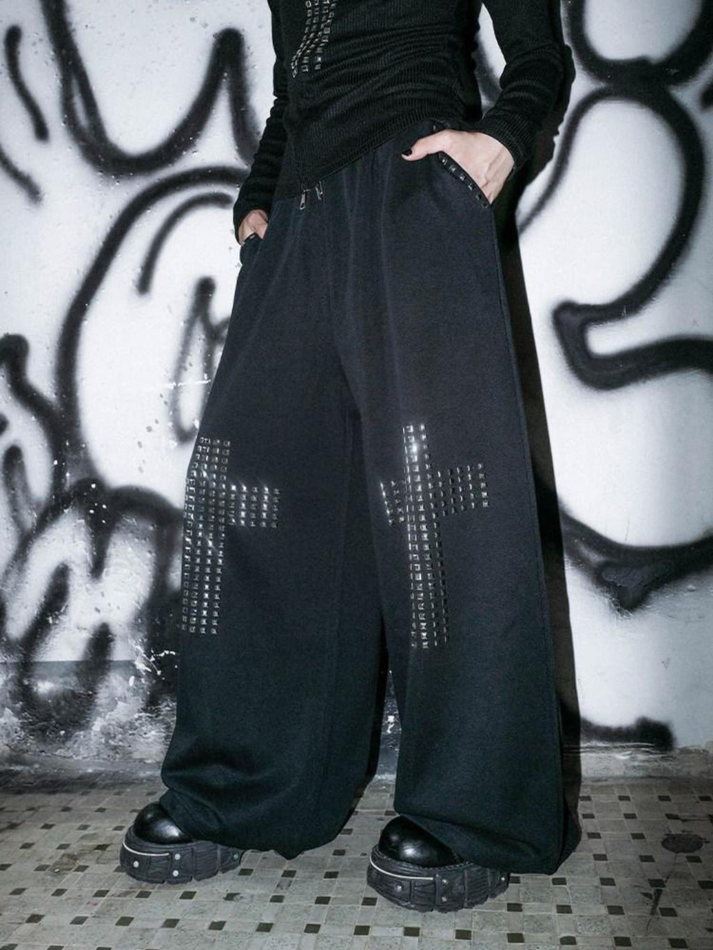 RebelSeed Black Gothic Crystal Cross Drawstring Women's Cotton Wide-leg Pants