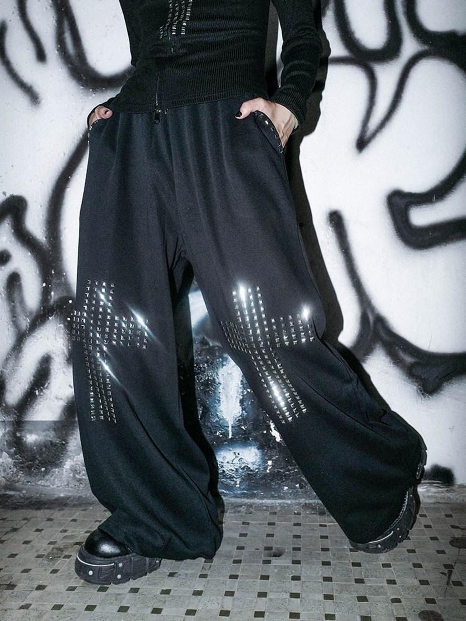 RebelSeed Black Gothic Crystal Cross Drawstring Women's Cotton Wide-leg Pants
