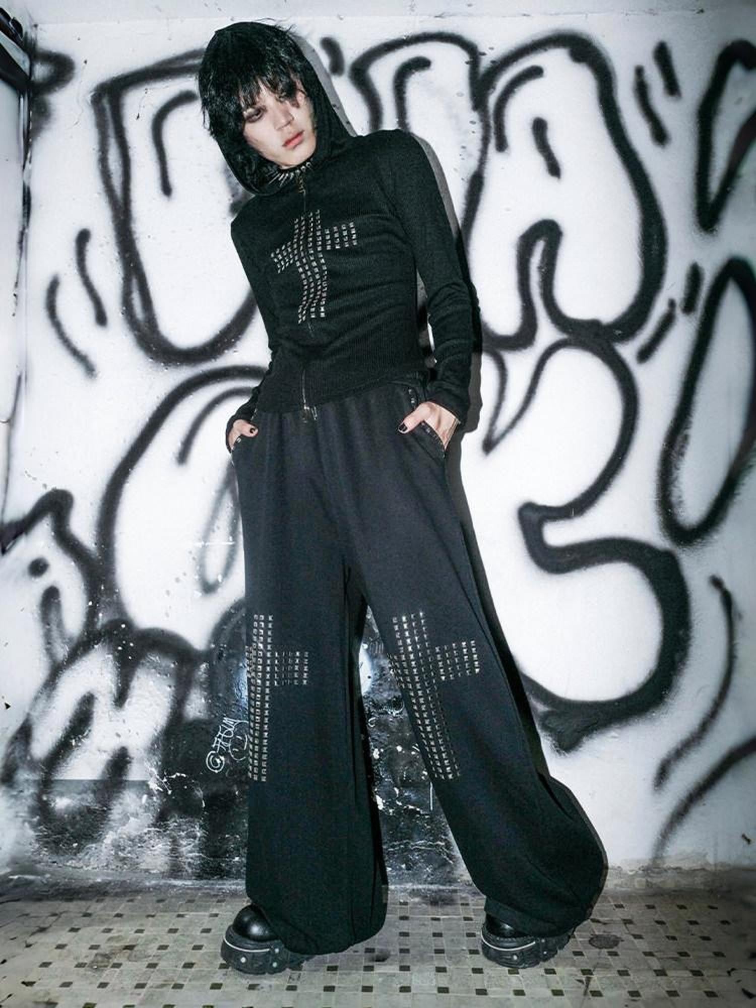 RebelSeed Black Gothic Crystal Cross Drawstring Women's Cotton Wide-leg Pants