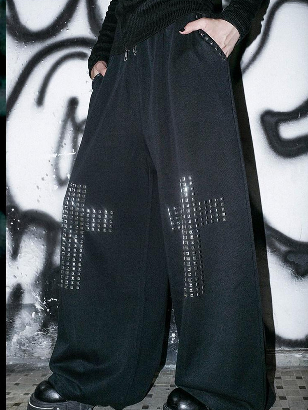 RebelSeed Black Gothic Crystal Cross Drawstring Women's Cotton Wide-leg Pants