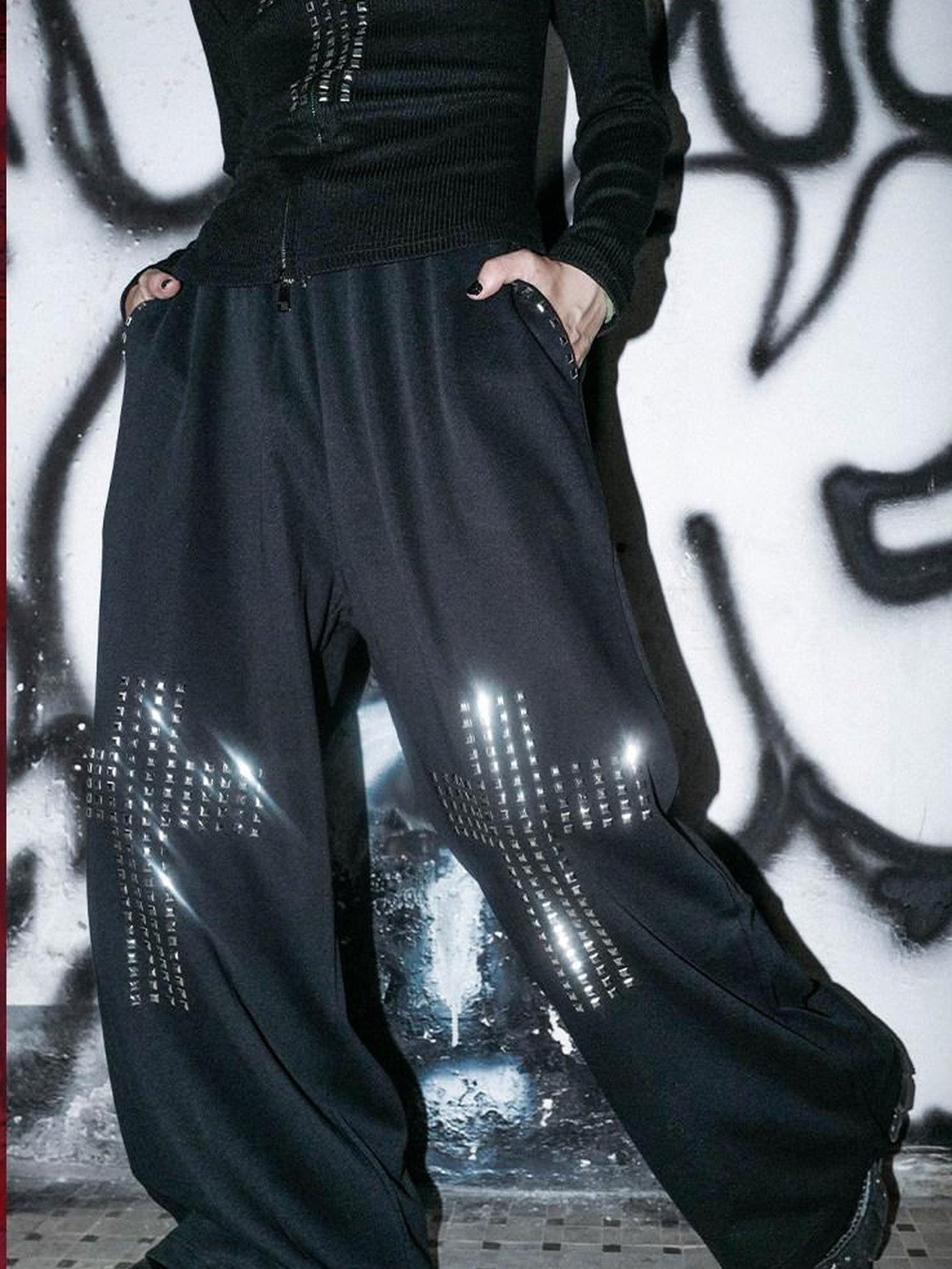 RebelSeed Black Gothic Crystal Cross Drawstring Women's Cotton Wide-leg Pants