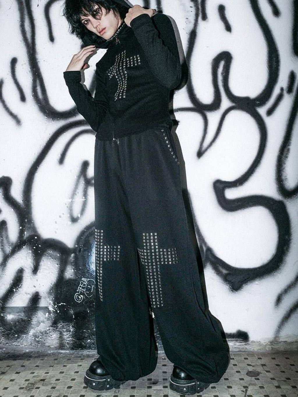 RebelSeed Black Gothic Crystal Cross Drawstring Women's Cotton Wide-leg Pants