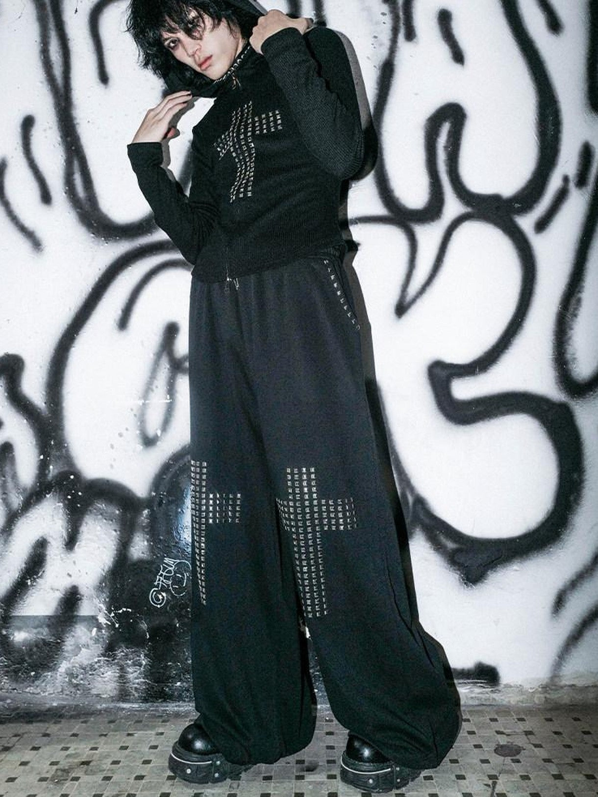 RebelSeed Black Gothic Crystal Cross Drawstring Women's Cotton Wide-leg Pants