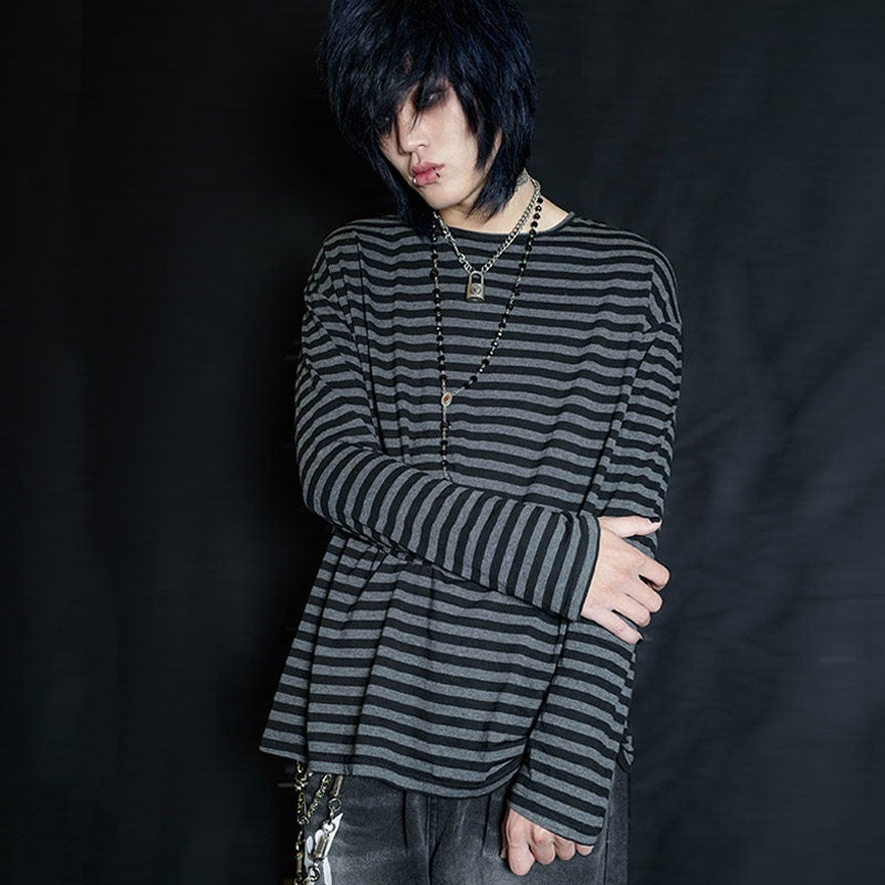 RebelSeed_Black_Gray_Stripe_Emo_Drop_Shoulder_Women's_Cotton_Long_Sleeve_T-shirts_972957876191_MISSTT