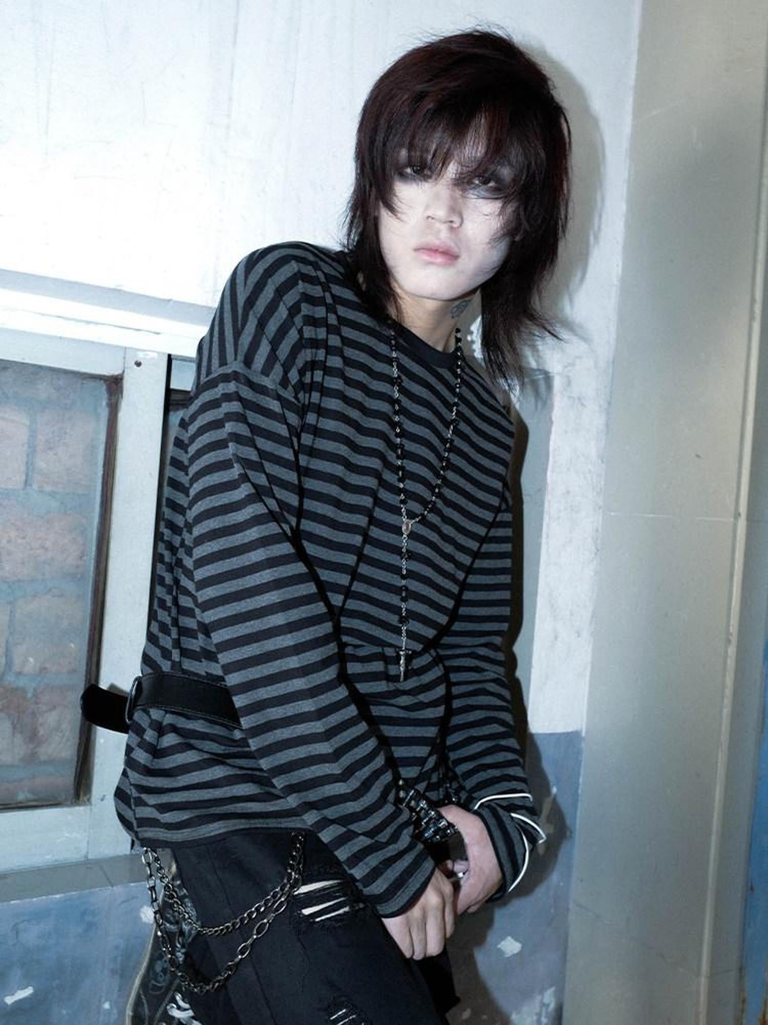 RebelSeed Black Gray Stripe Emo Drop Shoulder Women's Cotton Long Sleeve T-shirts